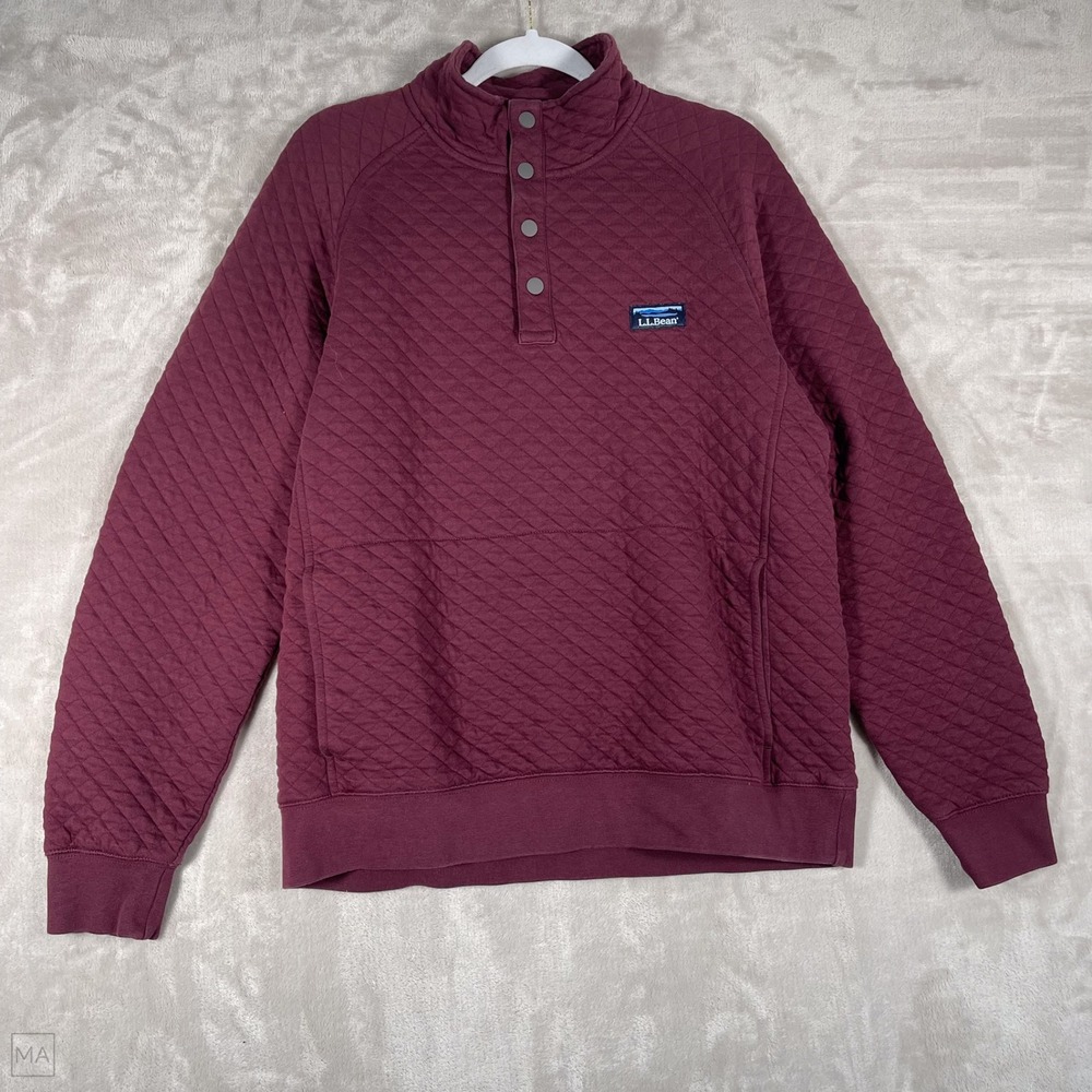 L.L. Bean Men's Quilted Sweatshirt Pullover Snap Mockneck Fall M Maroon